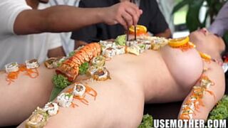 Slutty kitchen cuties serve saucy sex alongside sizzling sushi, sinful suckling, and seductive spooning - Suki & Emeral
