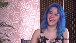 Blue-haired babe blows strangers on busy streets