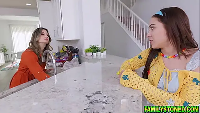 Stepbrother challenge his stepsister Mia RIver to suck his dick under the table without their stepmom noticing