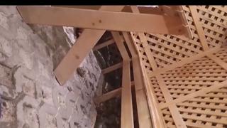 Raw throated babe gets her tight anus destroyed by massive dildo in public sauna